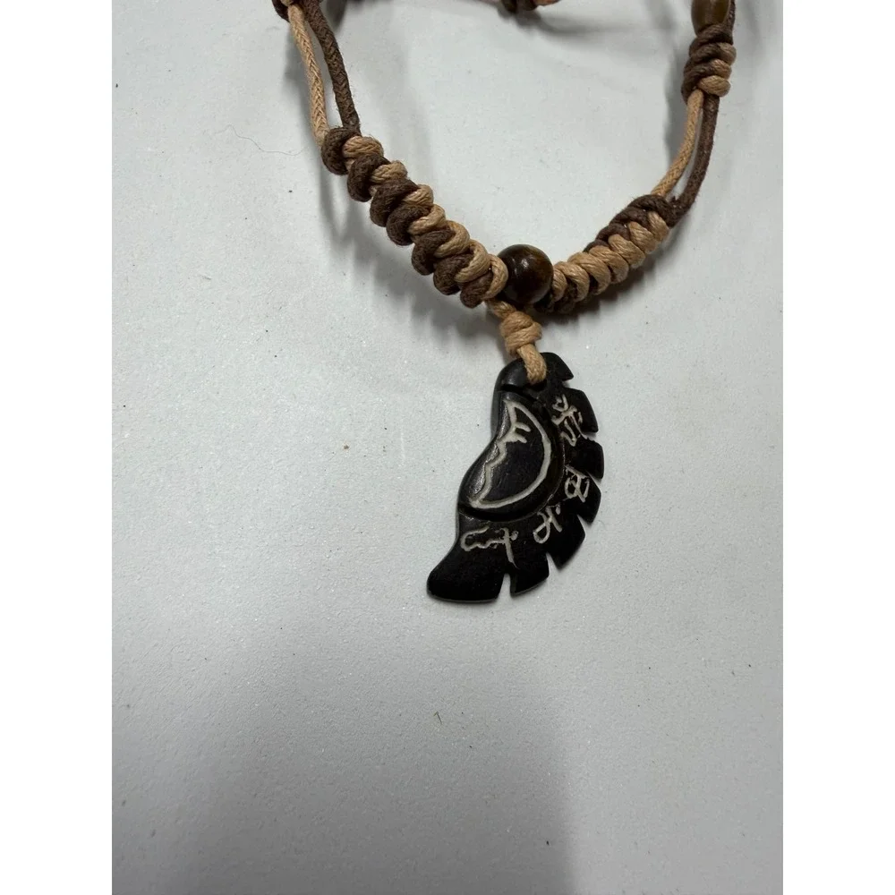 Boho Carved Moon Pendant Cord Necklace Adjustable Macrame Wood Bead